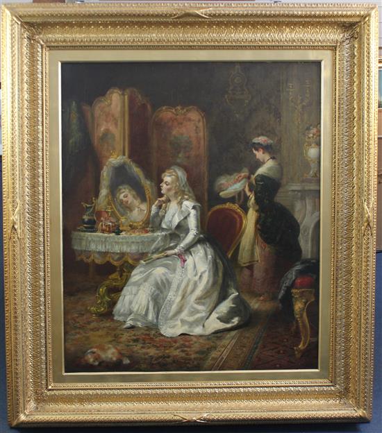 19th century French School Interior with lady sat at a dressing table, her maid beyond, 36 x 30in.